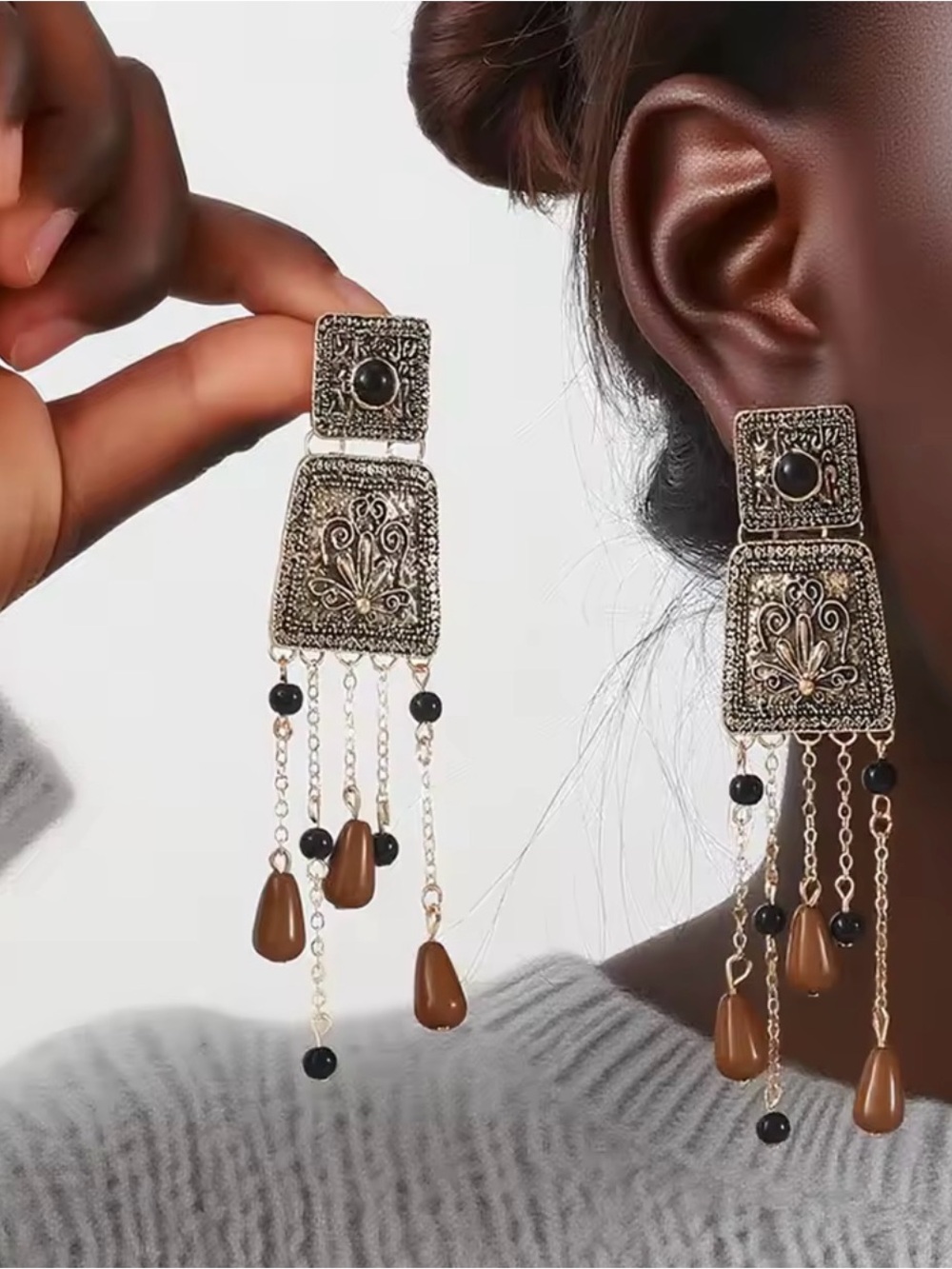 Bohemian Filigree Dangle Earrings with Brown Beads